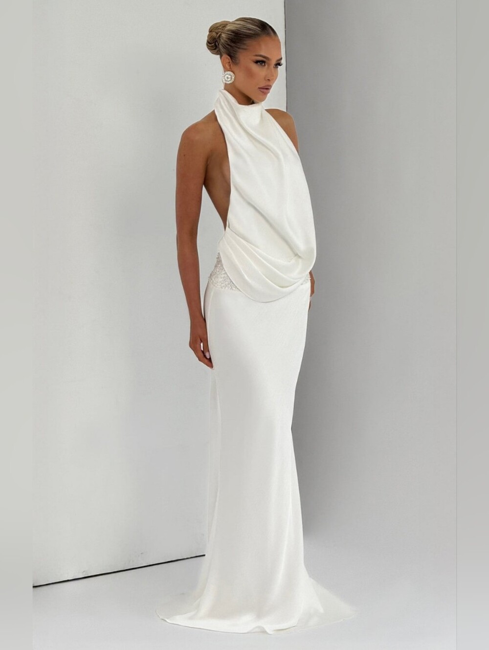NWT Babyboo White Ivory High Neck Open Back Embellished Beaded Cowl Maxi Dress